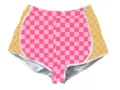 Macro view of stylish pink checkered and waffle pattern shorts with white piping - Pink & White Plaid