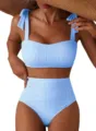 Ensemble bikini taille haute à rayures bleues et blanches avec bretelles nouées élégantes. - S / Haut Et Bas / Rayé Bleu
