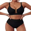 Elegant black ribbed two-piece bikini set with high-waisted bottom and golden U-ring - S / Top And Bottom / Black