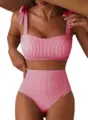 Ensemble bikini deux pièces à rayures rouges et blanches avec culotte taille haute - S / Haut Et Bas / Rayures rouges