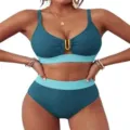 Two-piece ribbed high waist bikini set with gold U-ring hardware in teal color - S / Top And Bottom / Dark Greenish Blue