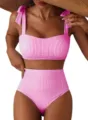 Ensemble bikini à rayures roses et blanches avec bretelles nouées et taille haute - S / Haut Et Bas / Rayé Rose