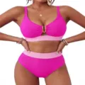 Women's hot pink ribbed high-waisted two-piece bikini set with gold U-ring detail - S / Top And Bottom / Hot Pink