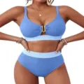 Blue ribbed two-piece high-waisted bikini set featuring a stylish gold U-ring detail - S / Top And Bottom / Robin Egg Blue