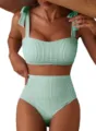 Ensemble bikini rayé vert et blanc à taille haute avec bretelles nouées pour femme - S / Haut Et Bas / Rayures vertes