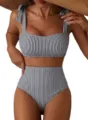 Maillot de bain deux pièces rayé noir et blanc avec bretelles à nouer et taille haute. - Rayé Noir