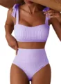 Ensemble bikini à rayures violettes et blanches avec bretelles nouées et taille haute - Rayé Violet