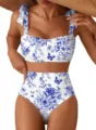 Ensemble de bikini taille haute à imprimé floral bleu avec papillons et bretelles nouées - Bleu