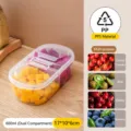 Transparent plastic double compartment fruit lunch box 600ml portable food storage container - 600ml Double Compartment Oval Food Storage Box