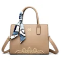 Elegant embroidered women leather handbag with scarf charm, casual khaki shoulder tote bag. - Khaki