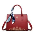 Elegant red women handbag with golden embroidery and scarf, large capacity Boston tote bag. - Burgundy