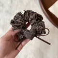 French lazy style leopard print hair scrunchie with cute polka dot heart bow accessory detail. - Brown Leopard Brown Heart