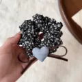 French style hair scrunchie with cute heart and ribbon, elegant ponytail hair accessory. - Black White Leopard Blue Heart