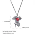 Detailed view of the gothic bat skull necklace with red heart stone and measurements. - Bat Skull Heart