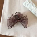 Detailed view of the 7cm brown floral bow hair claw clip, chic sheer organza design for women. - 7cm / Coffee Bow Hair Claw Clip