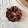 Brown polka dot hair scrunchie detail shot, ruffled pleated hair tie design for women daily wear. - Double Layer Ruffled Edge Polka Dot Scrunchie