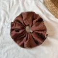 Brown polka dot hair scrunchie with white stitch edge, elegant daily hair accessory detail. - Single Layer Reddish Brown Polka Dot Scrunchie