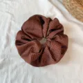 Brown polka dot hair scrunchie for women, pleated ruffle hair tie, cute elastic hair accessory. - Large Reddish Brown Polka Dot Scrunchie