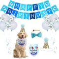 Complete blue pet birthday party decoration set with dog bandana, gold hat, and banner - Blue Set