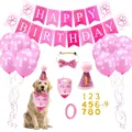 Detail view of pink pet birthday party kit including banner, balloons, and bandana - Pink