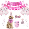 Pink pet birthday party decoration set with banner, bandana, and hat for a Golden Retriever. - Pink Set