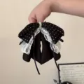 French chiffon lace bow hair claw clip, elegant black and white polka dot design with pearl detail. - Black Polka Dot Lace