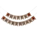 Detailed close-up of Happy Birthday burlap swallowtail banner with festive turkey designs - Turkey Birthday