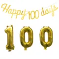 Golden Happy 100 Days banner and number foil balloons for baby's party decoration - 100 Days Set / Gold