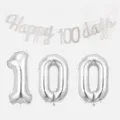 Silver Happy 100 Days party banner and number foil balloons for baby celebration - 100 Days Set / Silver