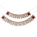 Detail of the natural burlap HAPPY BIRTHDAY banner with red ladybug party designs - Ladybug Birthday