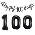 Black 'Happy 100 days' banner with '100' number foil balloons for baby party decor - 100 Days Set / Black