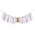 Close-up of baby girl 1st birthday high chair banner with pink and blue ribbons - Trendy Pink & Blue
