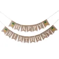 Close-up of burlap Happy Birthday banner with pineapple design on white background - Pineapple Birthday
