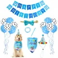 Pet birthday party detail shot showcasing blue polka dot balloons, hat, and cute bandana. - Blue Set