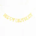 Detail view of gold glitter happy birthday letter banner, perfect for party wall decor. - Gold
