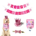 Pet birthday party decoration set pink banner crown sparkling bow tie bandana for dogs - Pink Set