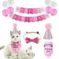 Cute cat dog birthday party decoration set with pink banner hats bibs bow tie and balloons. - Pink Set