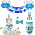 Pet birthday party decoration set with balloons banner hats bow tie and cute bandana for cats dogs - Blue Set