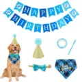Pet birthday party decoration set with banner hat bowtie bandana for dogs and cats. - Blue 4-Piece Set