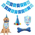 Blue dog birthday party supplies set including banner, hat, bandana, and squeaky toy. - Blue Set