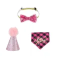 Detailed view of pet birthday party set including sequin bow tie, pink hat, and plaid bandana. - Pink 3-Piece Set
