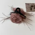 Organza Rose Flower Hair Claw Clip Elegant Feather Hair Accessories for Women Daily Styling - 11cm / Light Coffee