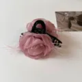 Pink organza rose hair claw clip with feathers, elegant Korean style hair accessory. - 11cm / Pink
