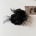 Black organza camellia flower hair claw clip with feathers, elegant gothic hair accessory. - 11cm / Black