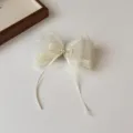Elegant white mesh lace bow hair clip with pearl detail, exquisite hairpin for women and girls. - Spring Clips / Off White