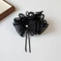 Elegant black mesh bow hair claw clip with delicate lace and pearl decoration for daily wear - Shark Clips / Black