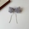 Grey mesh bow hair clip with lace and pearl, elegant hairpin detail for daily wear. - Spring Clips / Blue and Purple
