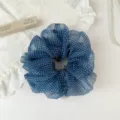 Blue plaid hair scrunchie for women, sheer mesh oversized hair tie, casual pony tail holder. - L / Blue Polka Dot