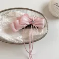 Korean sweet pink satin ribbon hair claw clip bow elegant banana clip close up view - 13cm / Pink