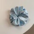 Close-up van een lichtblauwe satijnen haarelastiek met label en zachte glanzende afwerking. - Lichtblauw